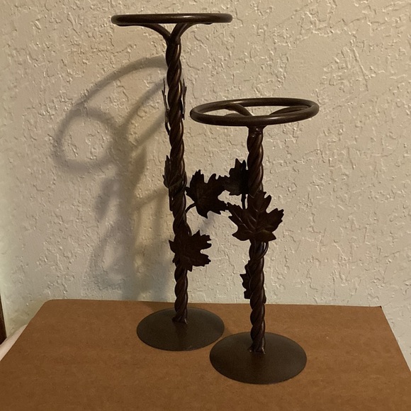2 Metal Bronze pillar candle holders with ivy wrap around 13” and 10” tall - Picture 4 of 5